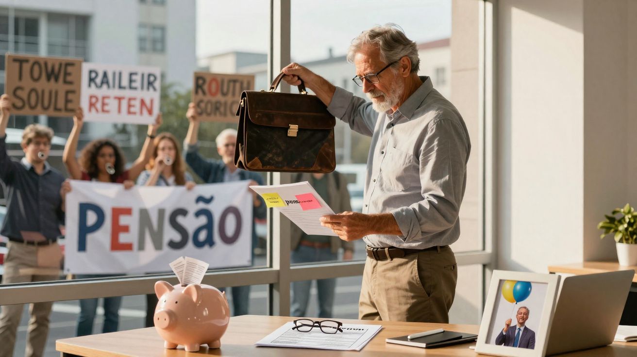 Older man with briefcase reads documents at desk as protesters outside hold pension signs.