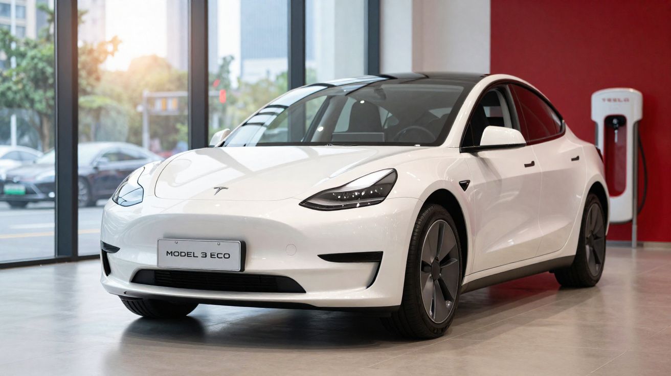 White Tesla Model 3 Eco electric car displayed indoors near a charging station with large windows in background.