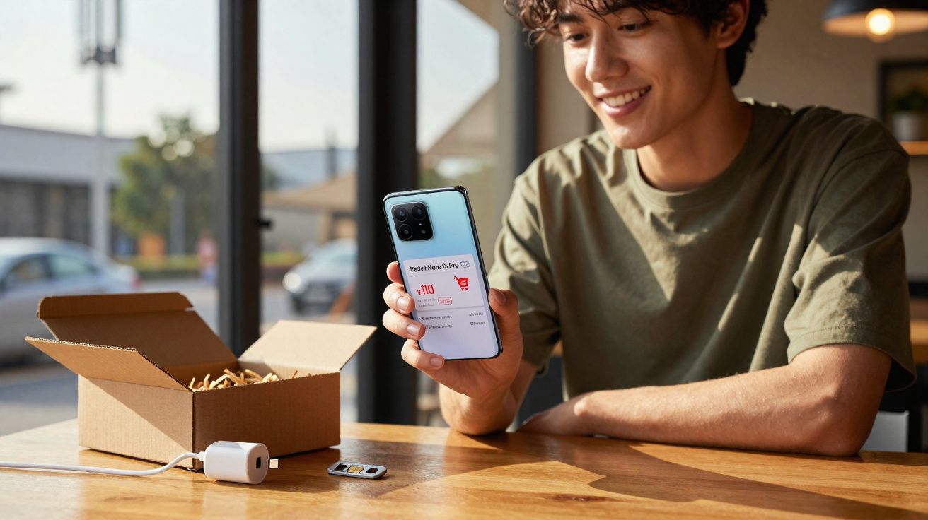 Young man smiling while holding a new smartphone with open packaging on a wooden table by the window.
