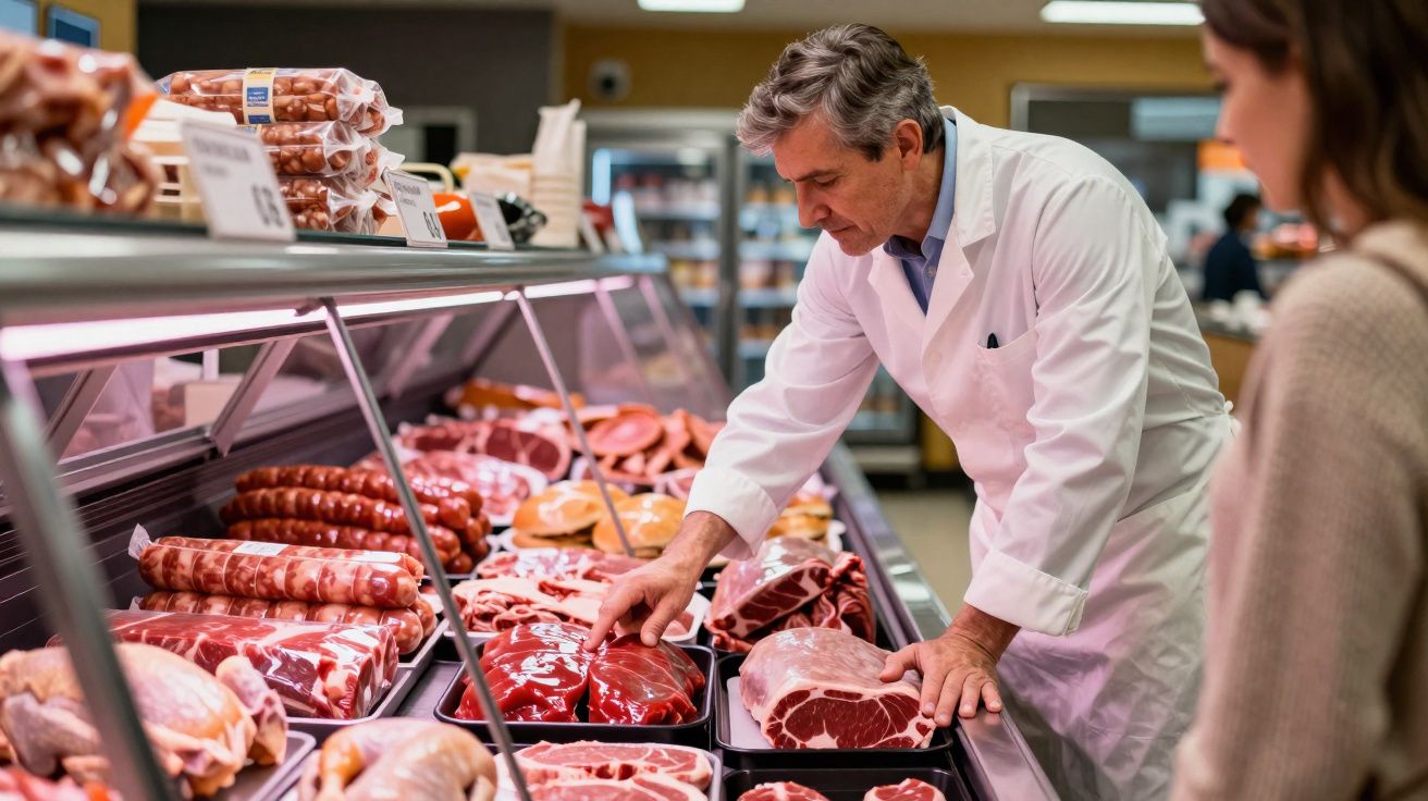 Butcher showing fresh meat cuts to a customer at a meat counter in a grocery store.