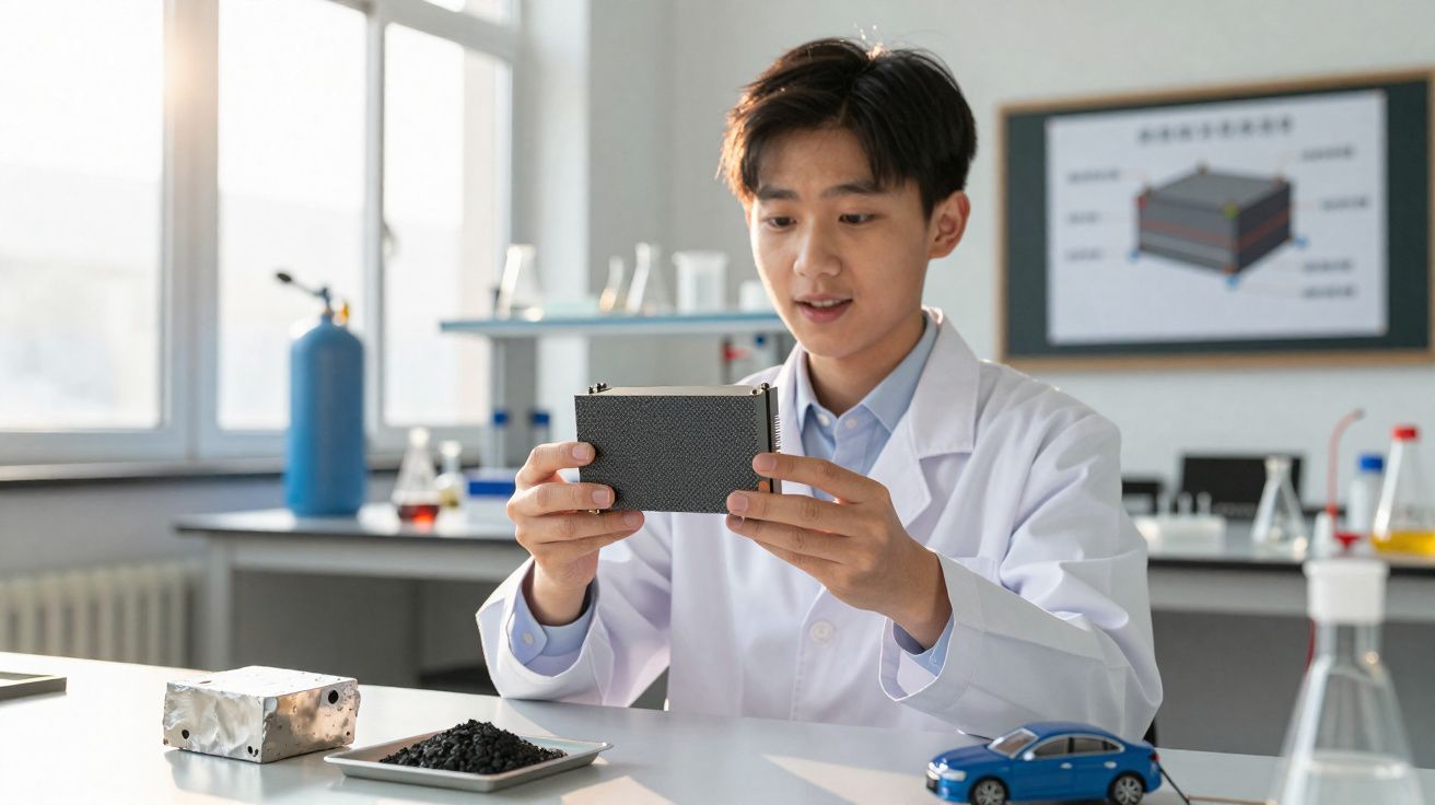 Young male scientist in lab coat examining a rectangular metal sample in a bright laboratory.
