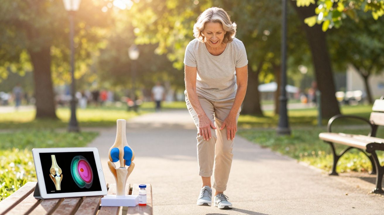 Older woman outdoors holding her knee with knee joint model and tablet showing joint images on nearby bench.