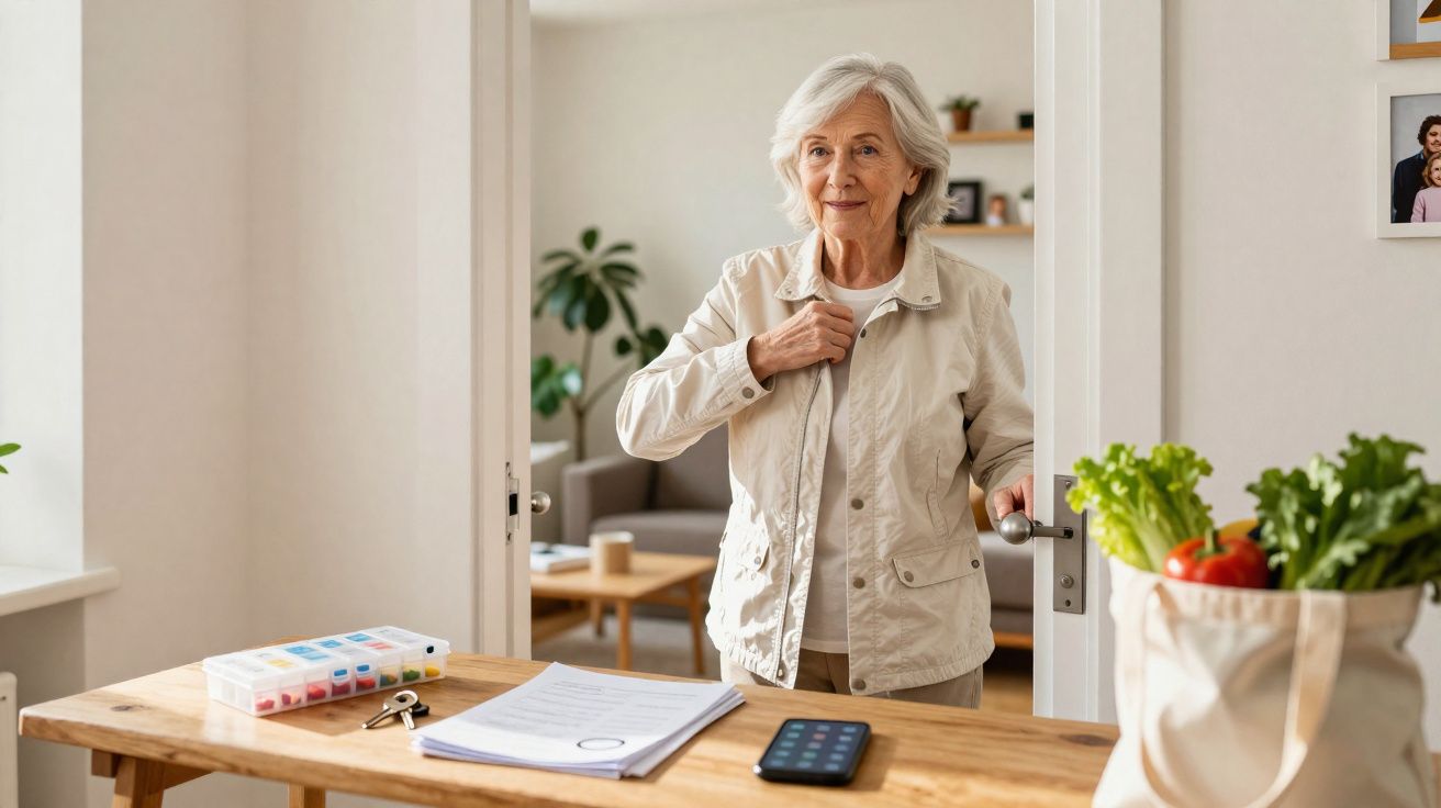 Senior woman standing by a table with documents, phone, and groceries in a bright, cosy room.