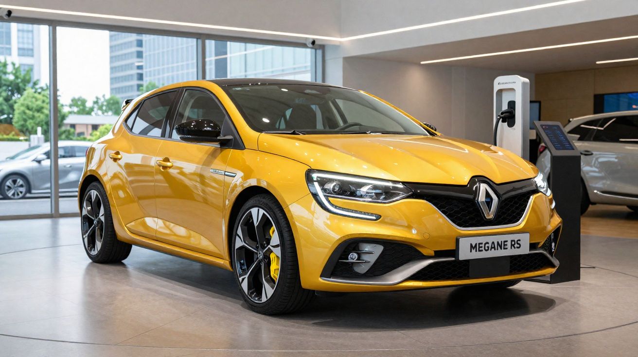 Yellow Renault Megane RS hatchback displayed indoors near an electric vehicle charging station.