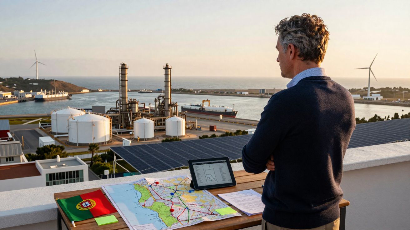 Man standing by a table with maps and a tablet overlooking an industrial port with wind turbines at sunset.
