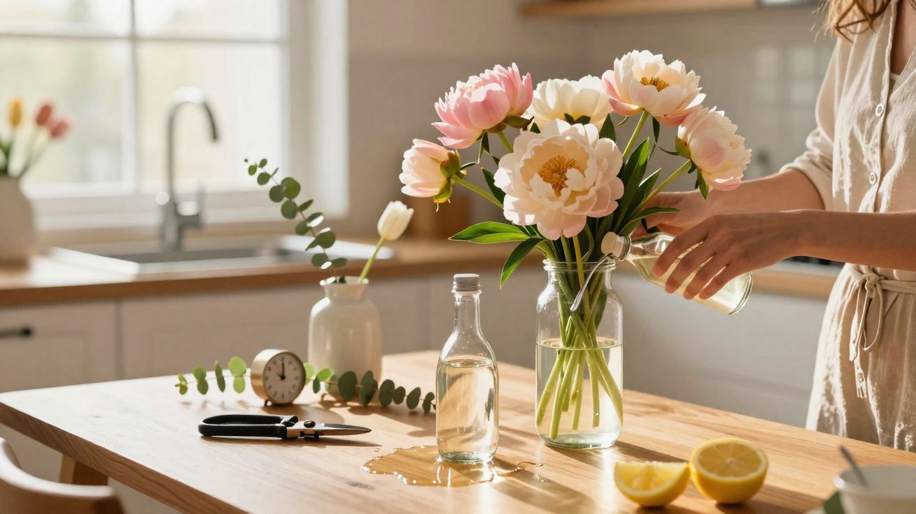 Person arranging pink and white peonies in a glass vase on a kitchen table with lemons and scissors nearby