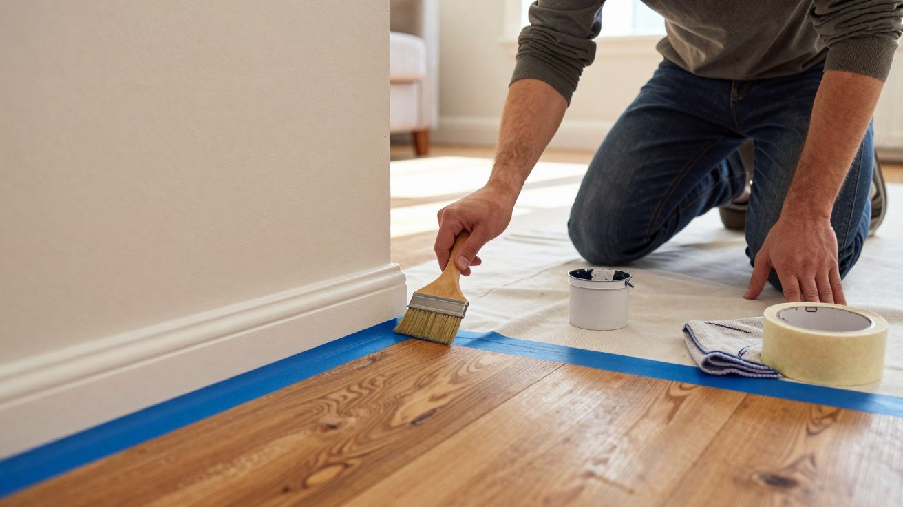 Person applying protective tape along wooden floor edge before painting skirting board in a room.
