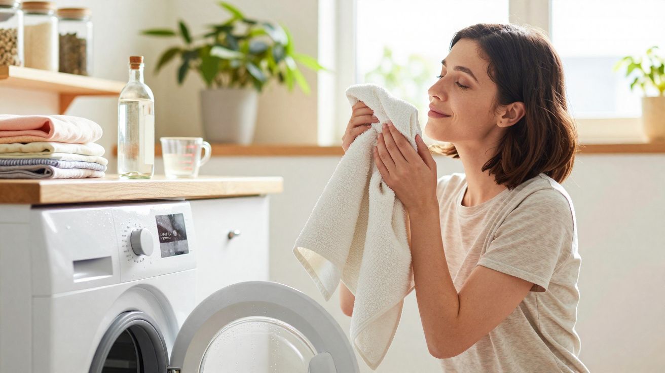 Woman smelling a clean white towel beside an open washing machine in a bright laundry room.