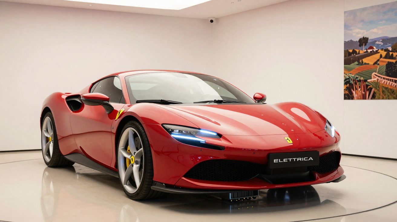 Red Ferrari Elettrica sports car displayed in a modern white showroom with a landscape painting on the wall.
