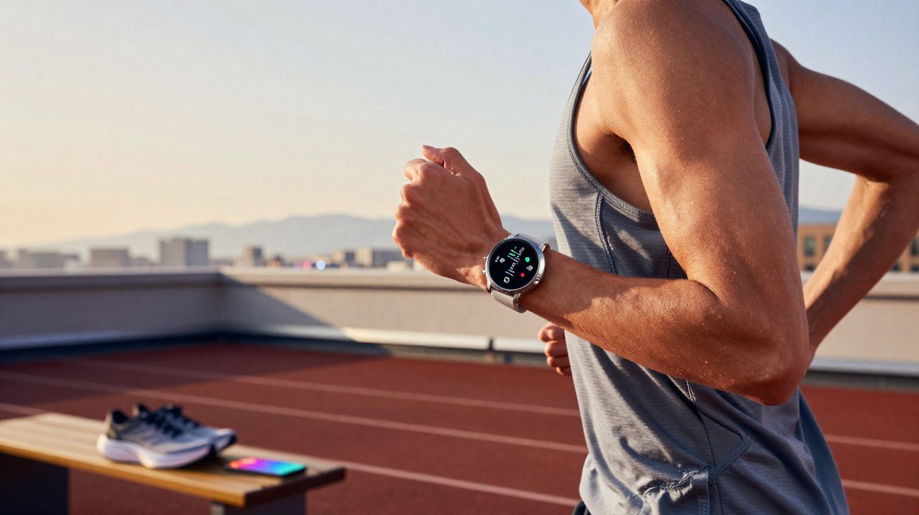 Close-up of a person running on a track, wearing a smartwatch displaying fitness data on their wrist.