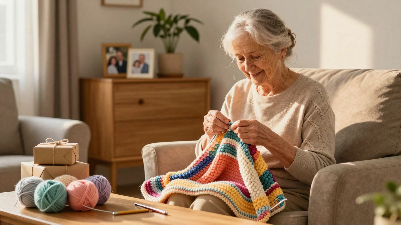 Elderly woman sitting on a sofa, happily knitting a colourful blanket with yarn balls nearby.