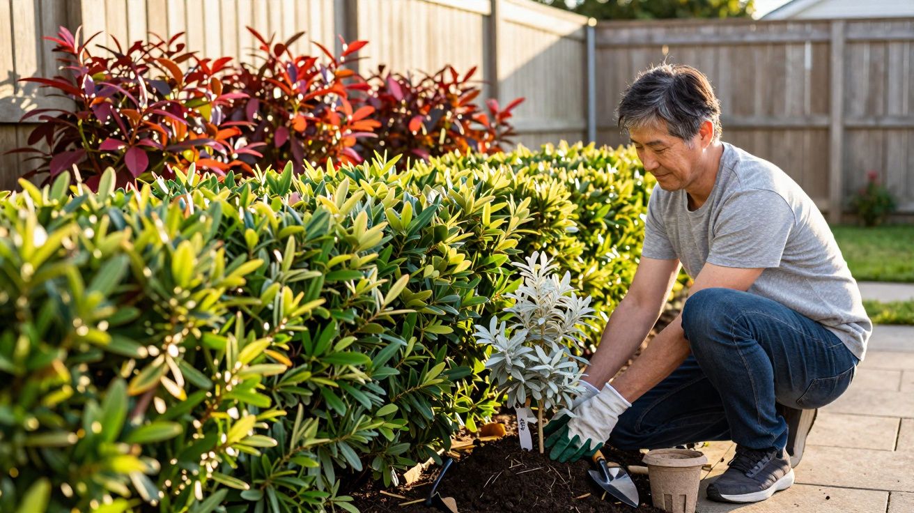 Man planting a small shrub in a garden bed with glove and gardening tools beside him.