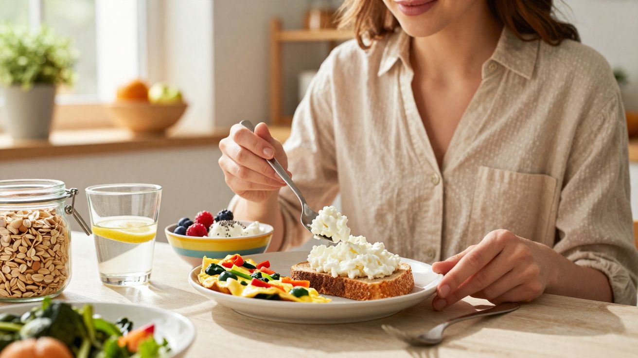 Woman spreading cottage cheese on whole grain bread with a healthy breakfast of salad, scrambled eggs, and berries.