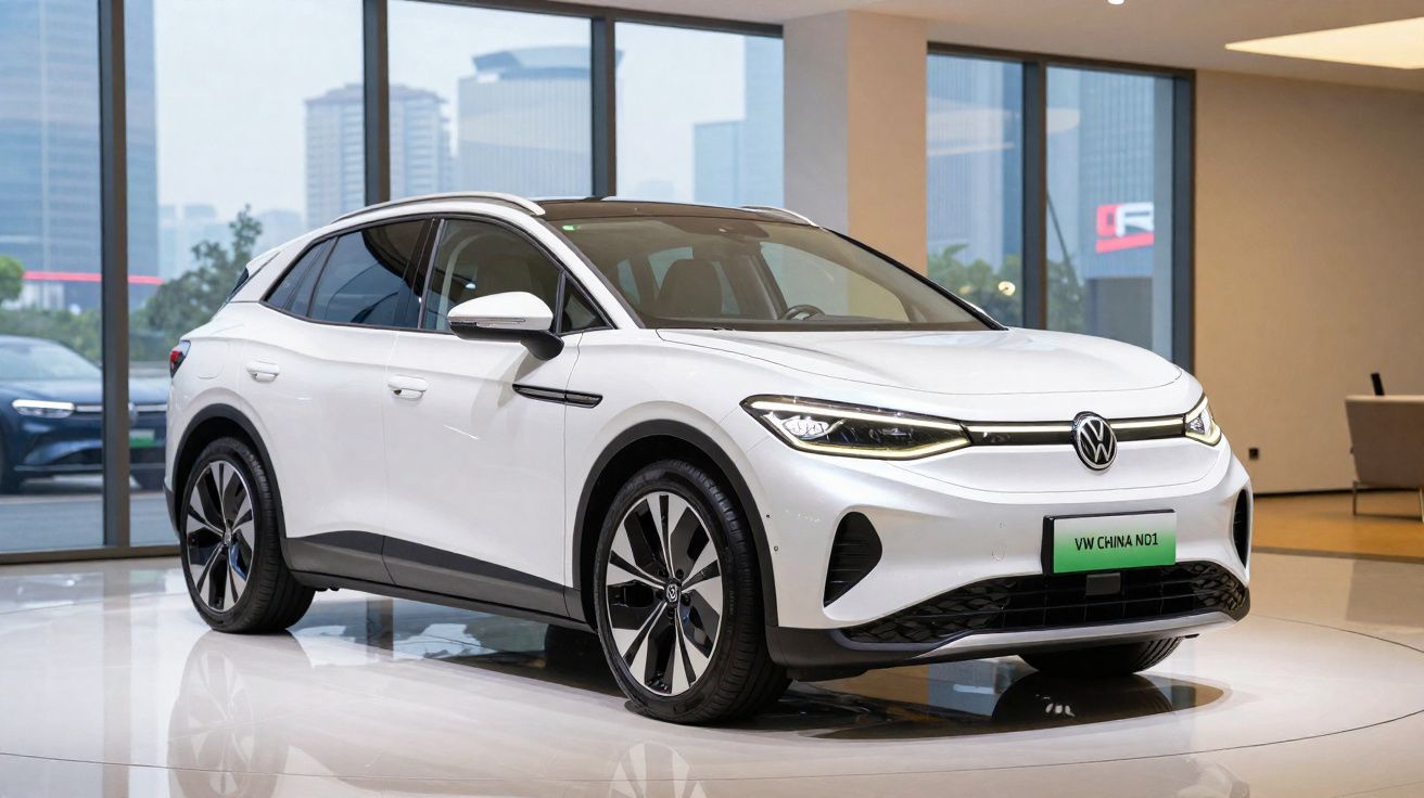 White Volkswagen electric SUV displayed indoors with city buildings visible through large windows behind it.