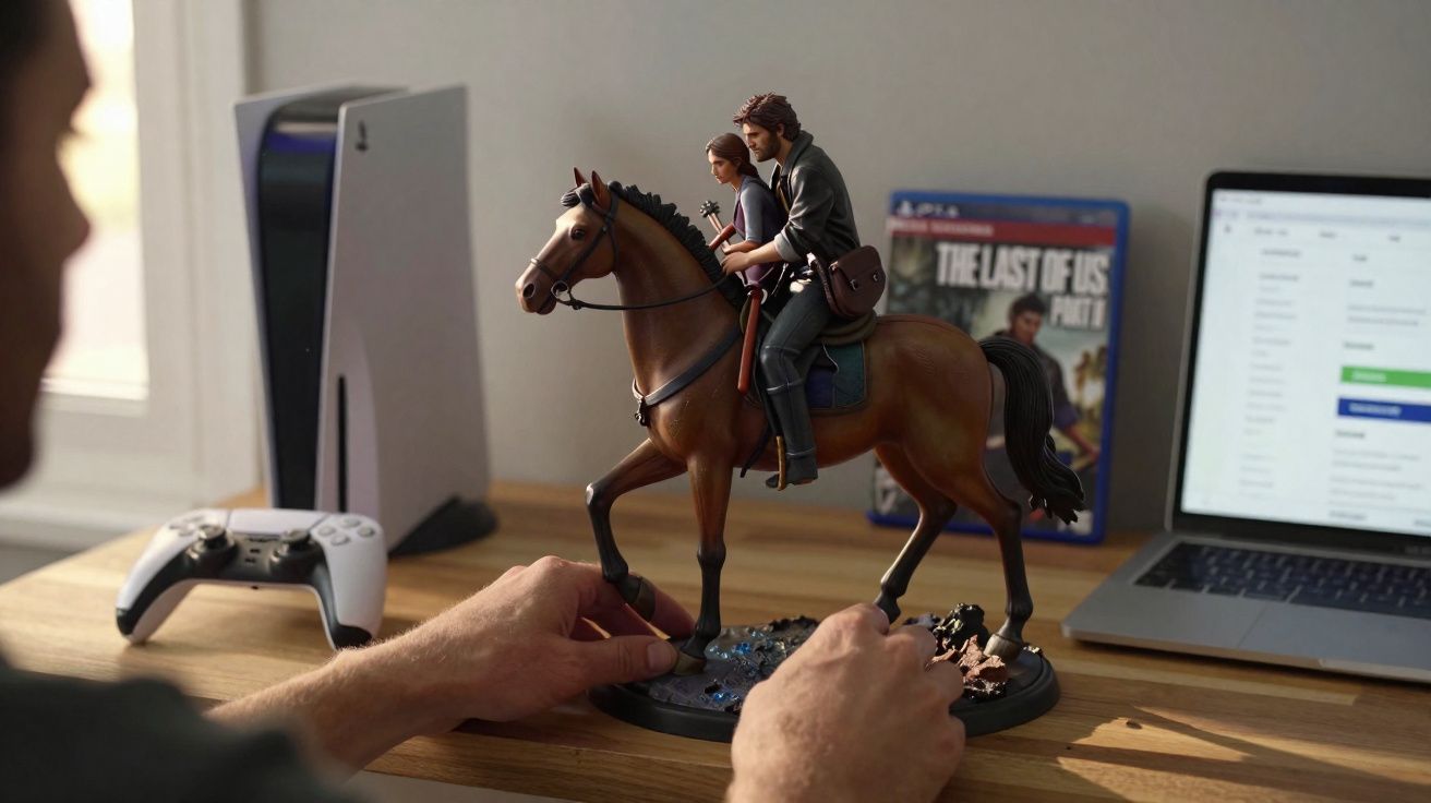Person holding a detailed figurine of two characters riding a horse on a desk with a PlayStation 5 and laptop.