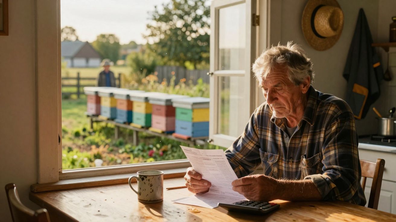Elderly man sitting at a wooden table reading a document with a mug and calculator, colourful beehives visible outside.