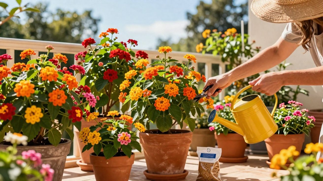 Person watering and pruning flowering potted plants on a sunny balcony or garden terrace.