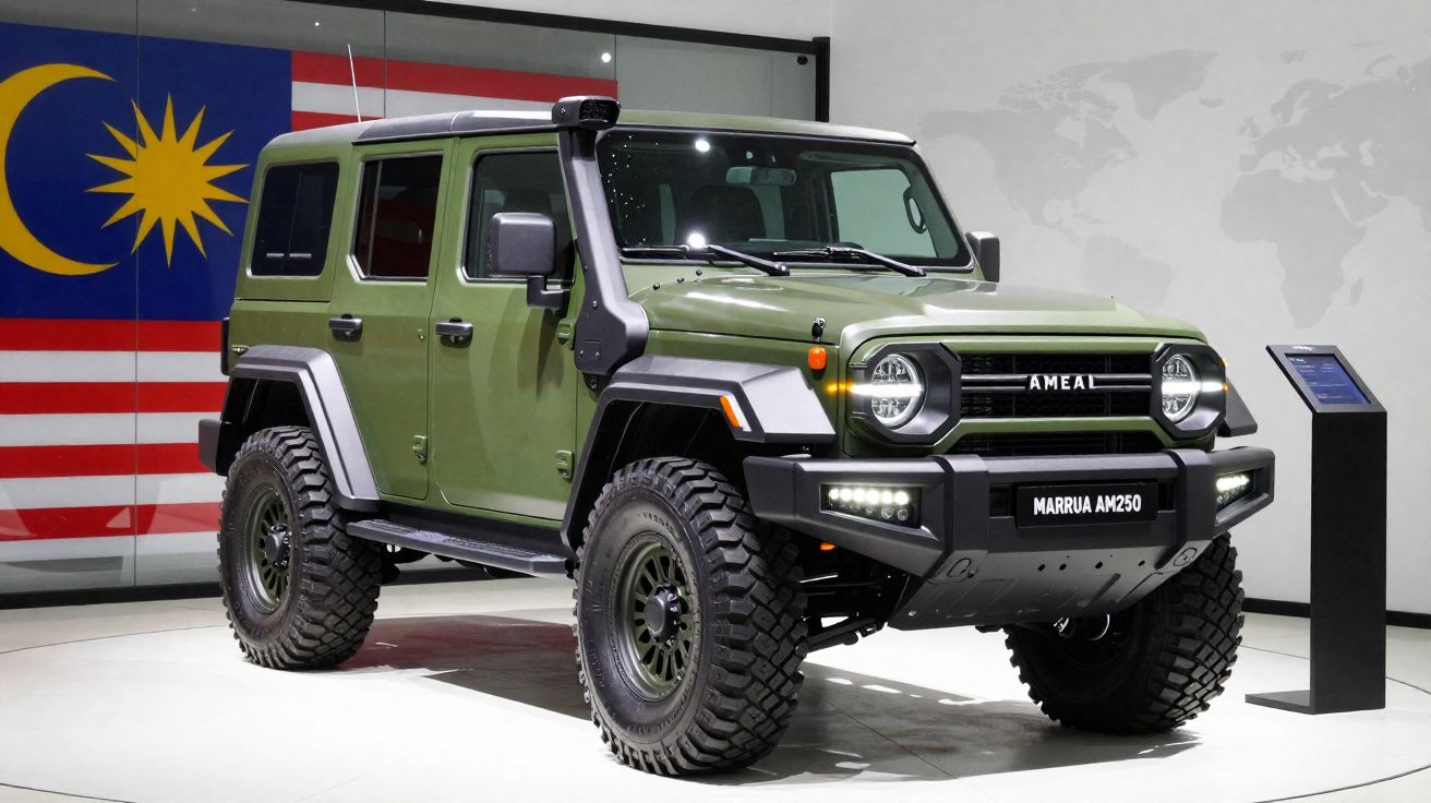 Green AMEA Marrua AM250 off-road vehicle displayed with Malaysian flag backdrop.