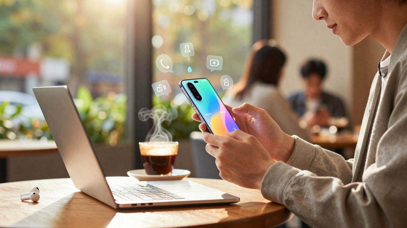 Person using a smartphone with app icons floating above, beside a laptop and a steaming cup of coffee in a café.