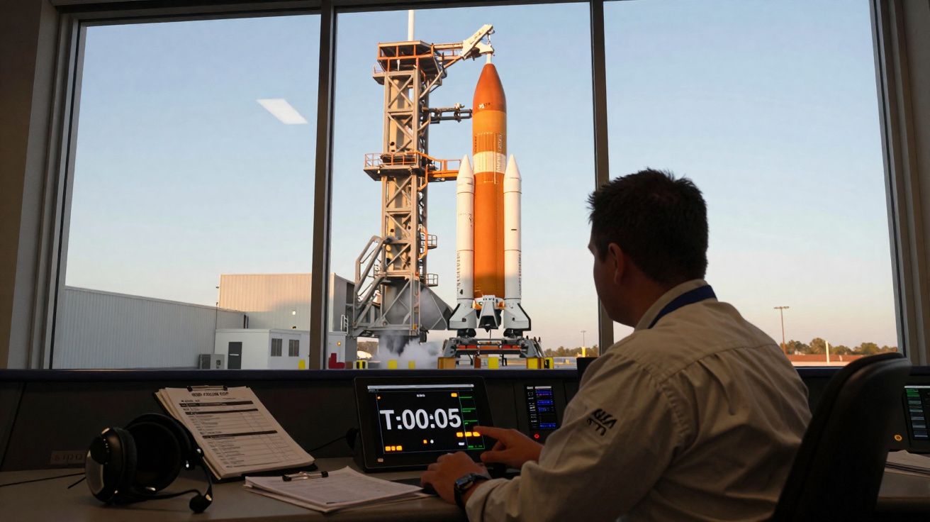 Man monitoring countdown on screen inside control room overlooking rocket on launchpad at dusk