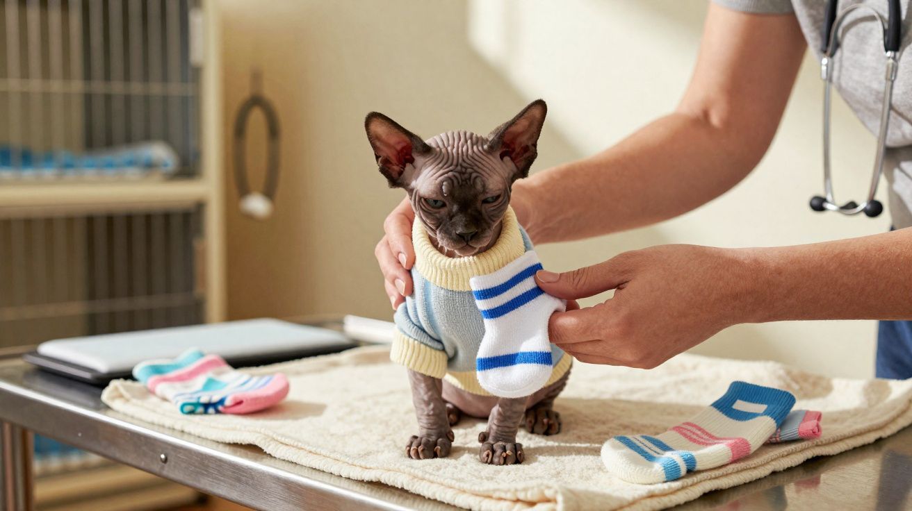 Hairless Sphynx cat on a vet’s table being dressed with a blue and white striped sock by a person.