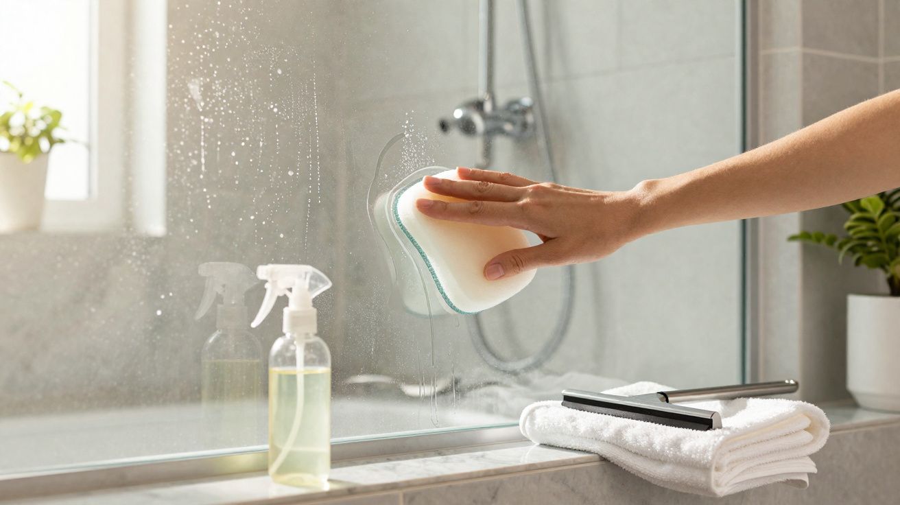 Person cleaning a glass shower wall with a sponge and spray bottle in a bright bathroom.