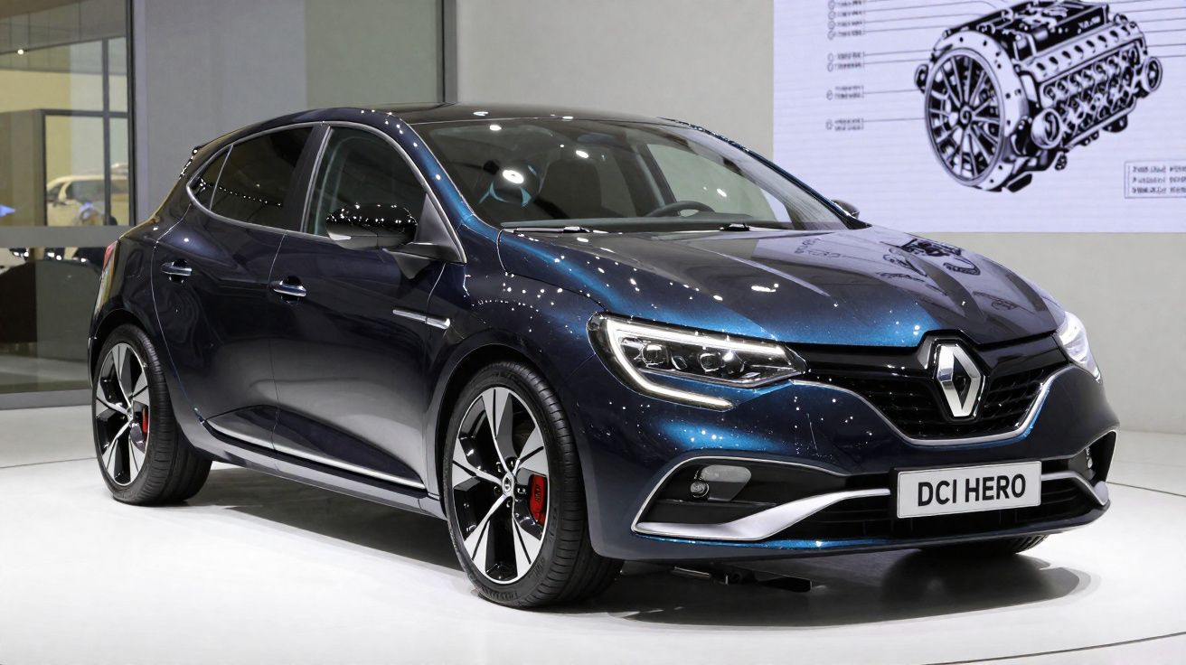 Dark blue Renault DCI Hero hatchback displayed indoors under bright lights.