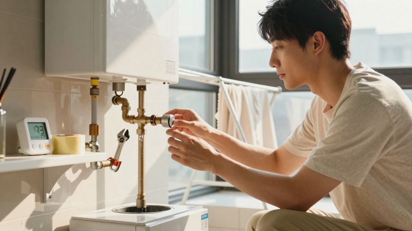 Young man adjusting thermostat knob on a boiler in a sunlit kitchen or utility room.