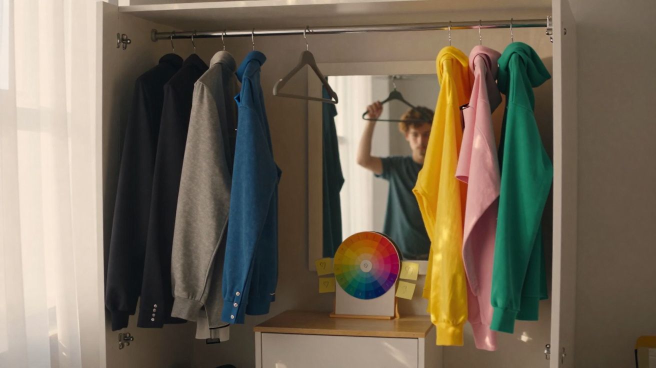 Image of a wardrobe with colourful sweatshirts and jackets hanging, a colour wheel and person reflected in mirror.