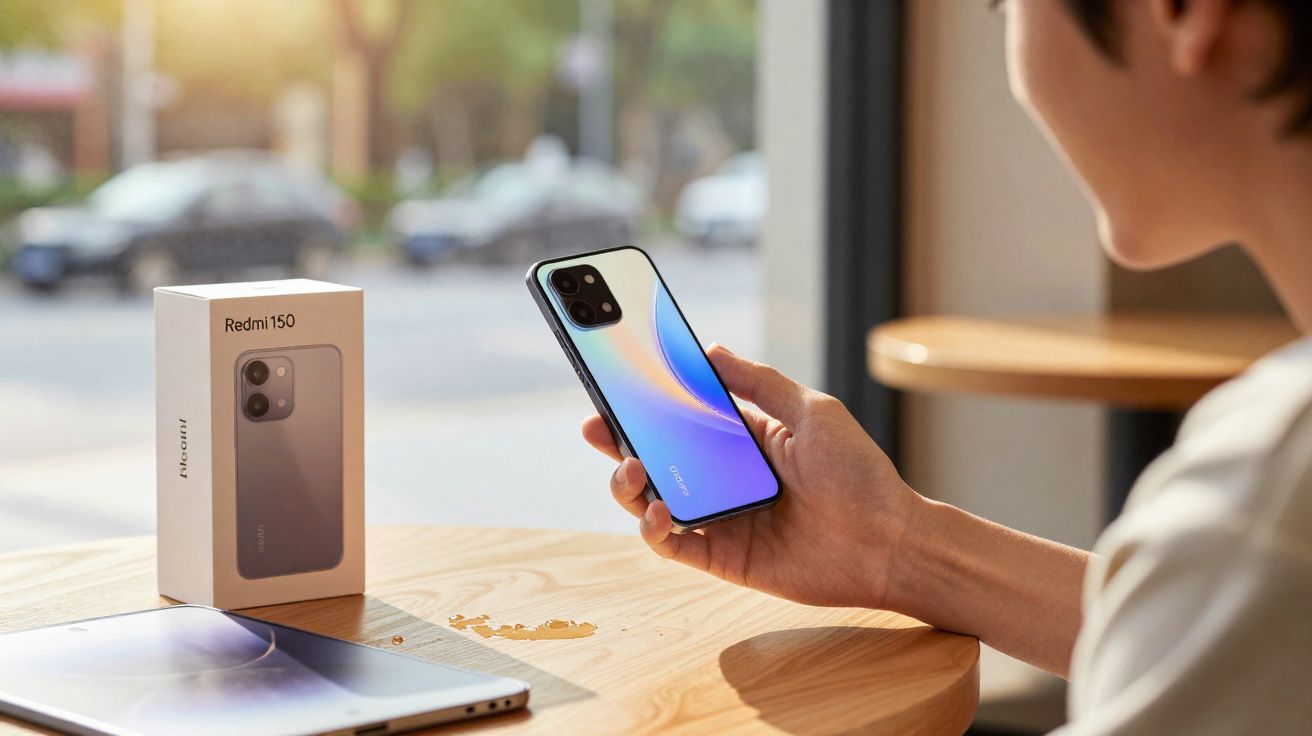 Person holding a Xiaomi Redmi 15Q smartphone with its box and a tablet on a wooden table by a window.