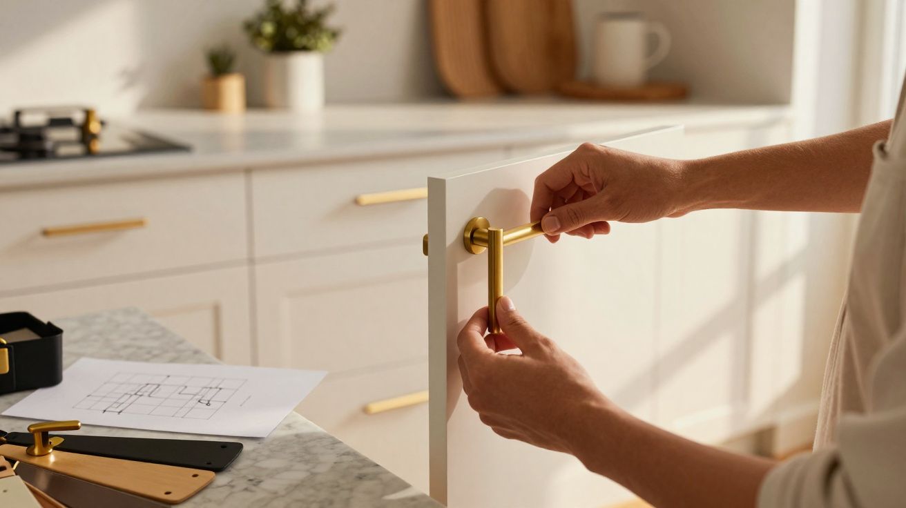 Person installing modern gold handle on white kitchen cabinet door in bright kitchen interior.