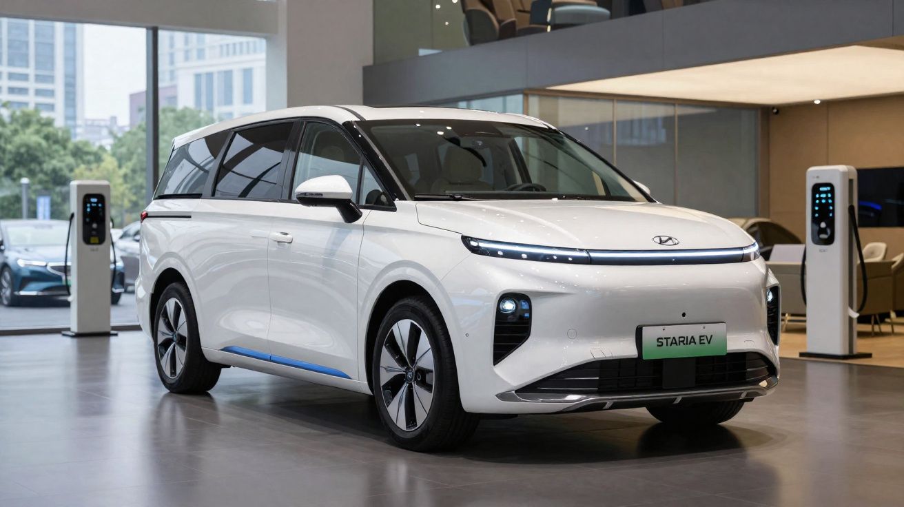 White Hyundai Staria EV electric minivan displayed indoors with charging stations in the background.