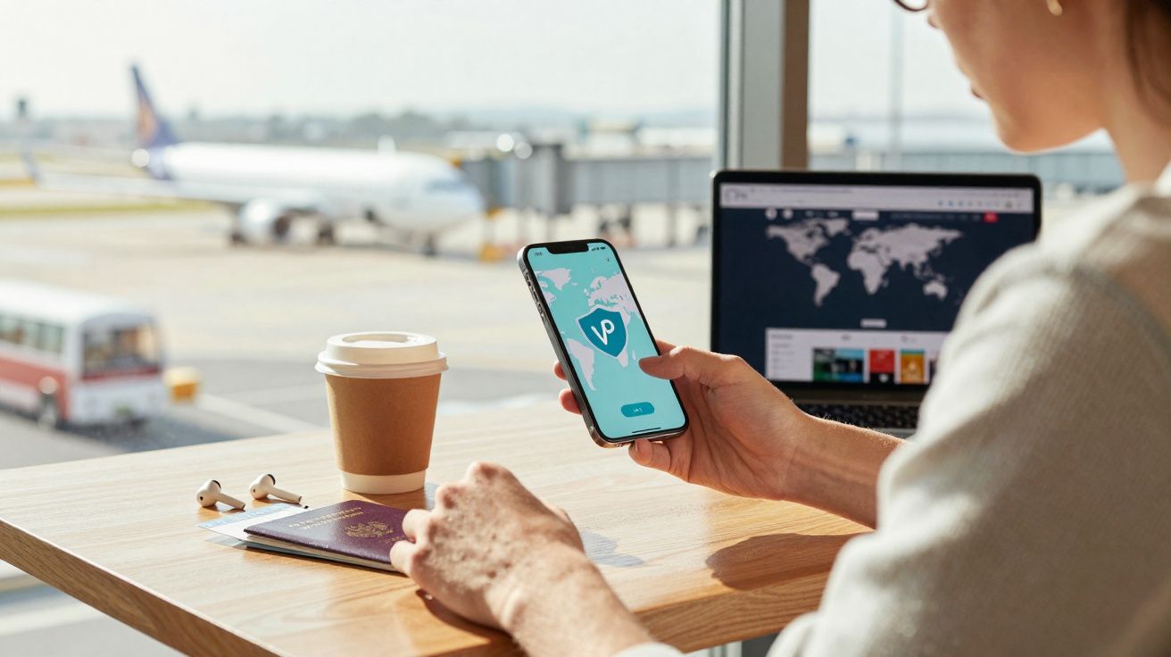 Person using a smartphone with a VPN app at an airport lounge, with coffee, passport, and laptop nearby.