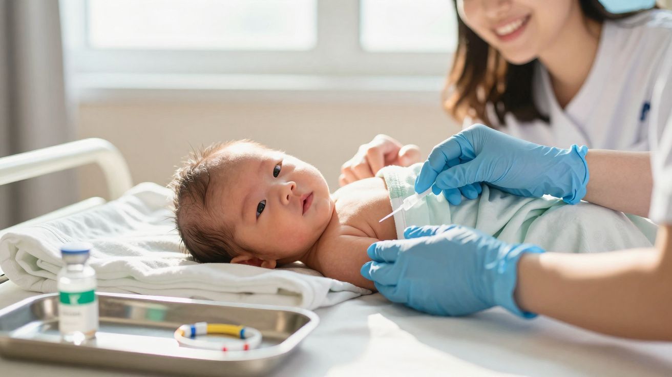 Healthcare worker in blue gloves administering vaccine injection to baby lying on hospital bed.
