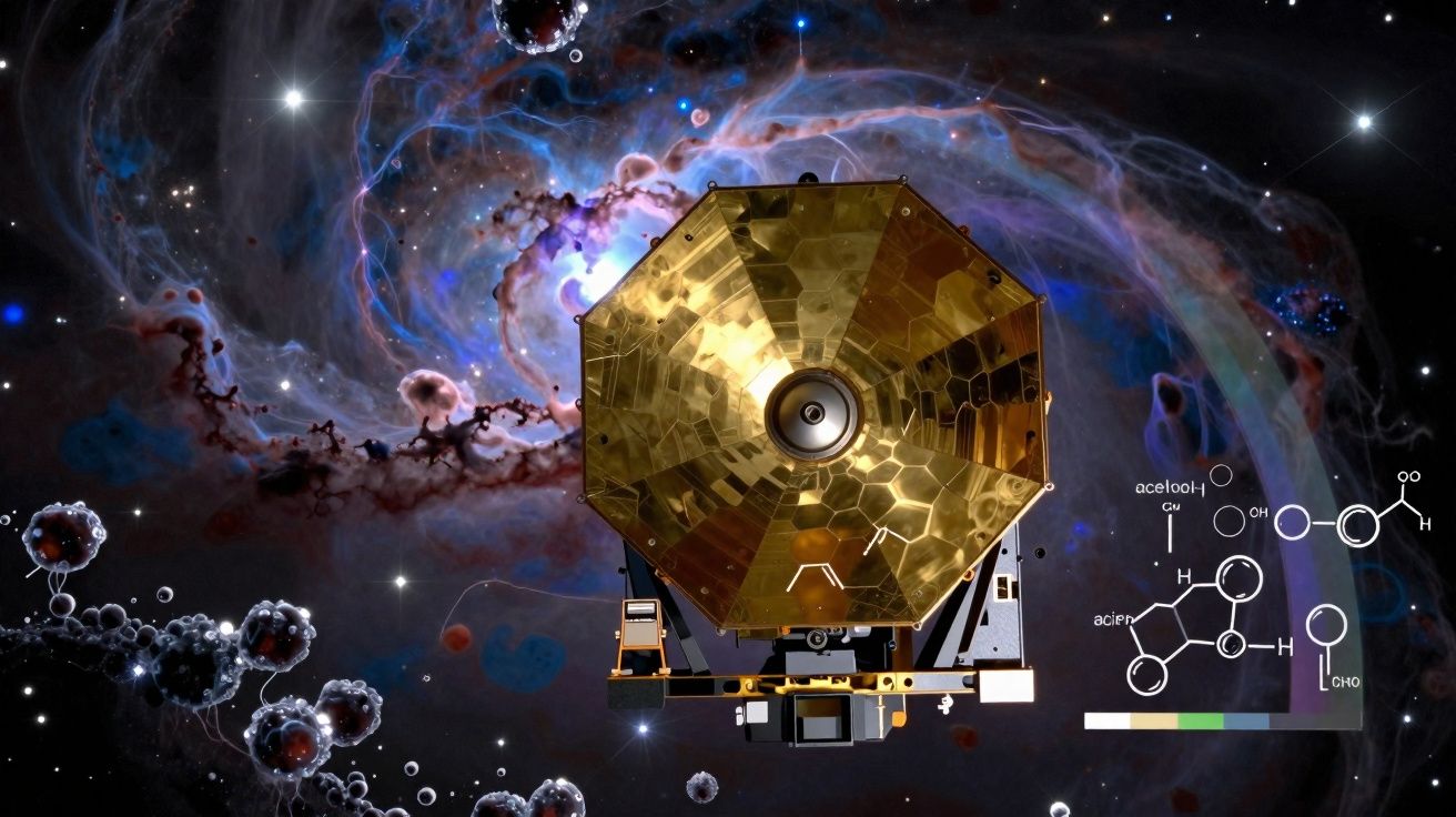 Space telescope with a gold hexagonal mirror against a colourful cosmic nebula and molecular diagrams background.