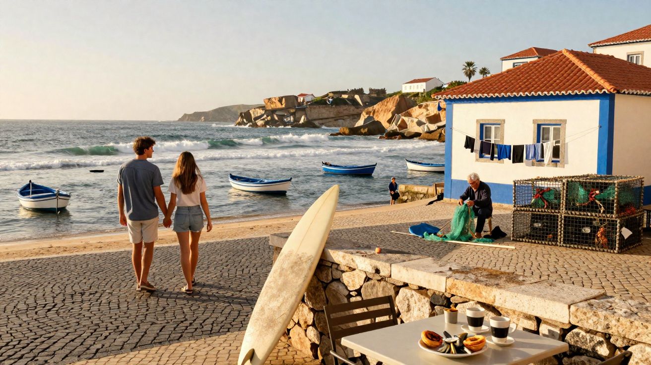 Couple walking on a seaside promenade with boats, a surfboard, and a man mending nets near a blue-trimmed house.