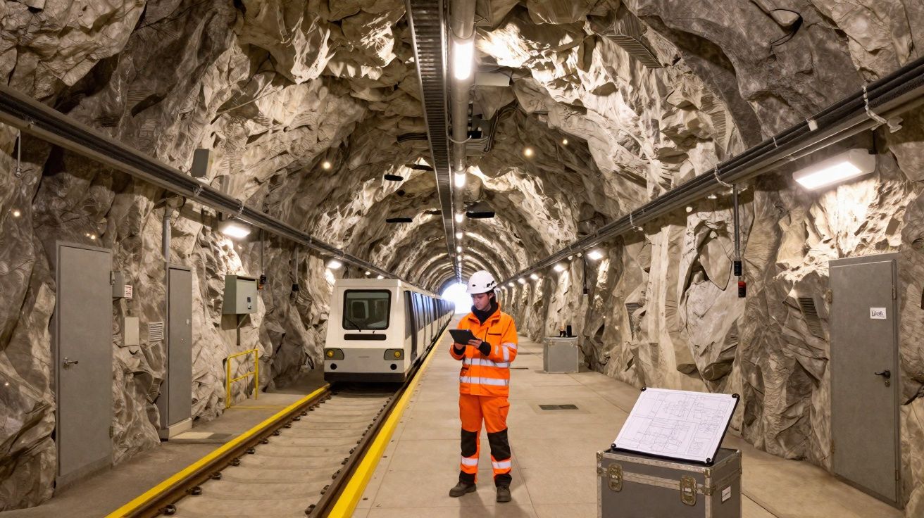 Engineer in orange safety gear checking tablet inside a rocky underground train tunnel with a white train.