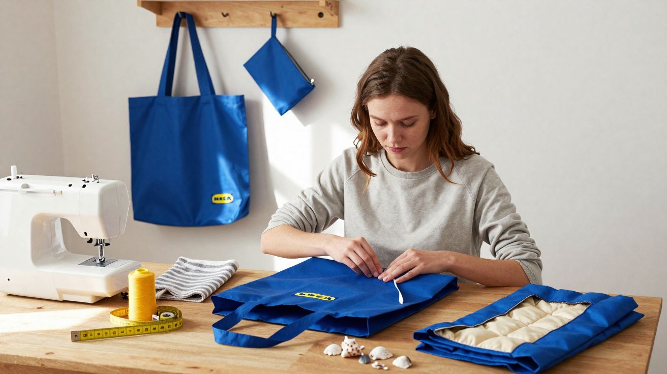 Woman sewing a blue IKEA tote bag on a wooden table with sewing tools and materials around her.