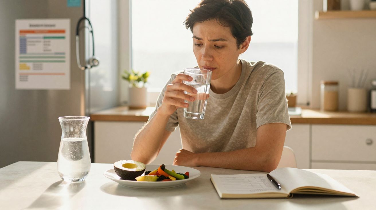 Person sitting at table in kitchen drinking water with plate of fruit and notebook nearby in natural light.