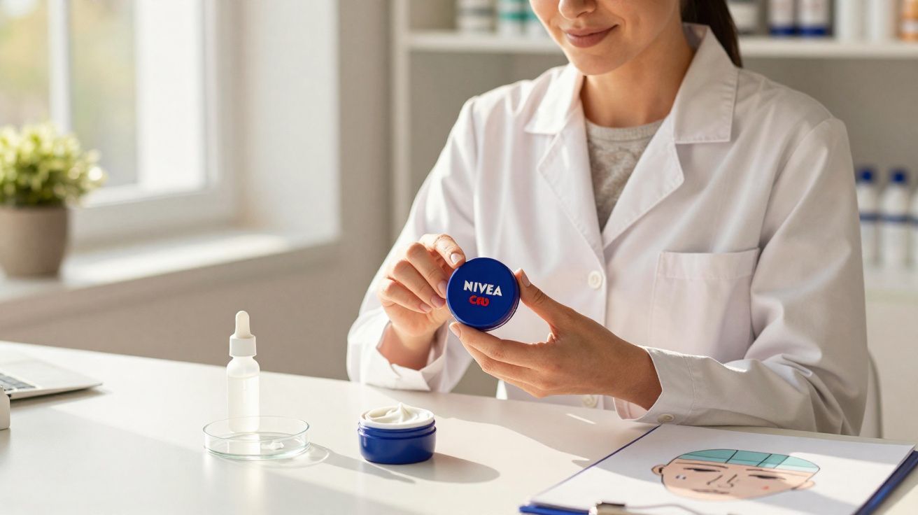 Person in white lab coat holding Nivea cream jar at a desk with skincare products and a face chart.