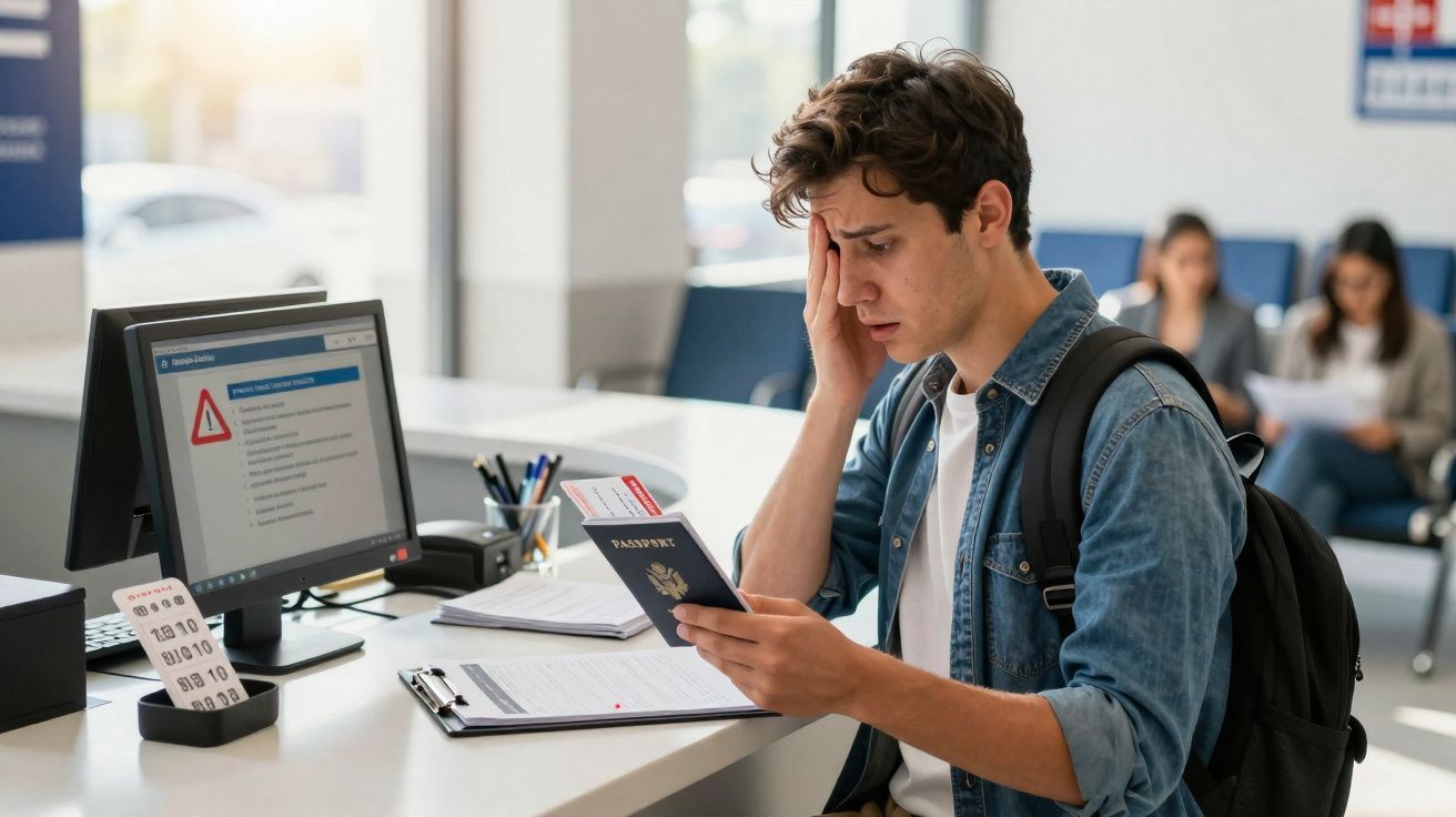 Young man at immigration counter looking worried while holding passport and boarding pass in airport.