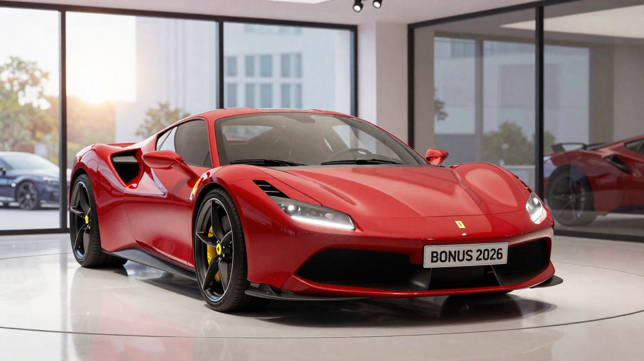 Red Ferrari sports car displayed inside a modern showroom with large glass windows and city buildings visible outside.