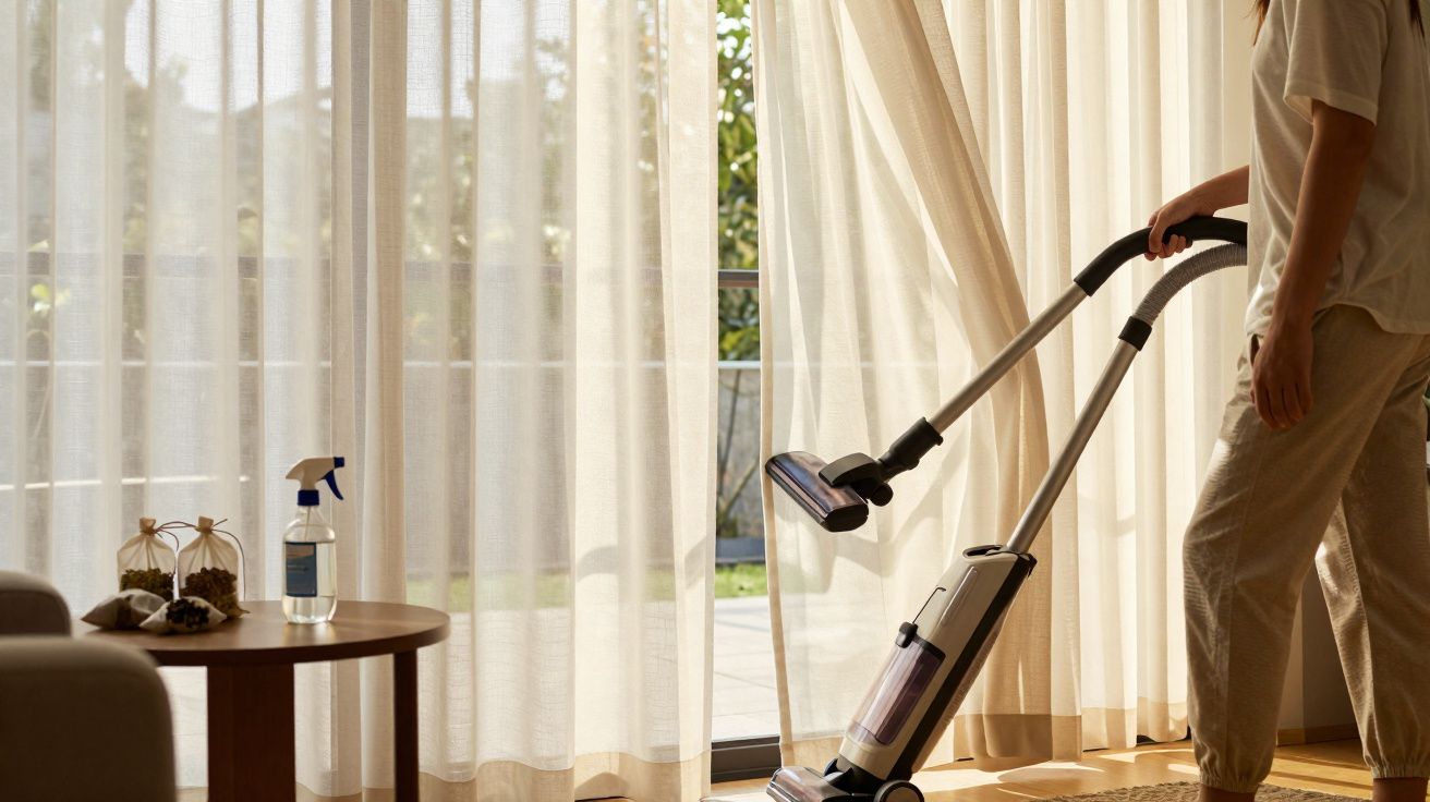 Person vacuuming near a large window with light sheer curtains in a bright living room.
