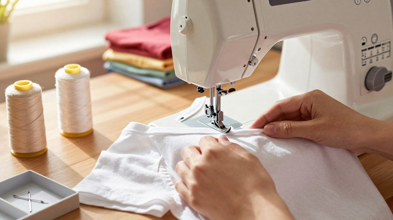 Hands sewing white fabric on a sewing machine with thread spools and folded fabric in the background.