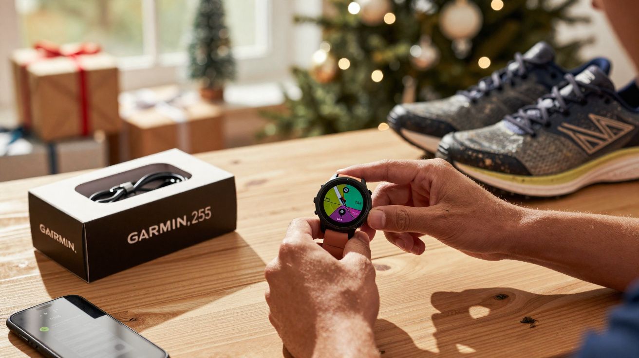 Person holding a Garmin 255 smartwatch showing a colourful screen beside its box, running shoes and a smartphone on a wooden 