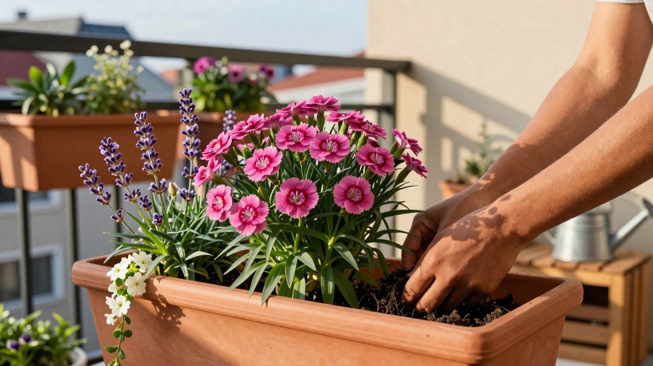 Hands planting pink and purple flowers in a rectangular terracotta pot on a sunlit balcony.