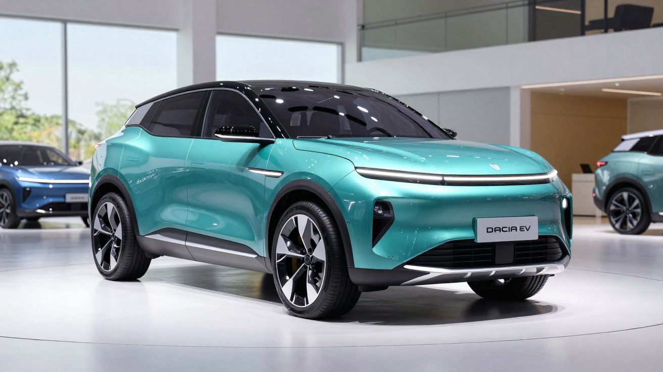 Turquoise electric SUV displayed indoors with sleek design and black roof at a modern showroom.