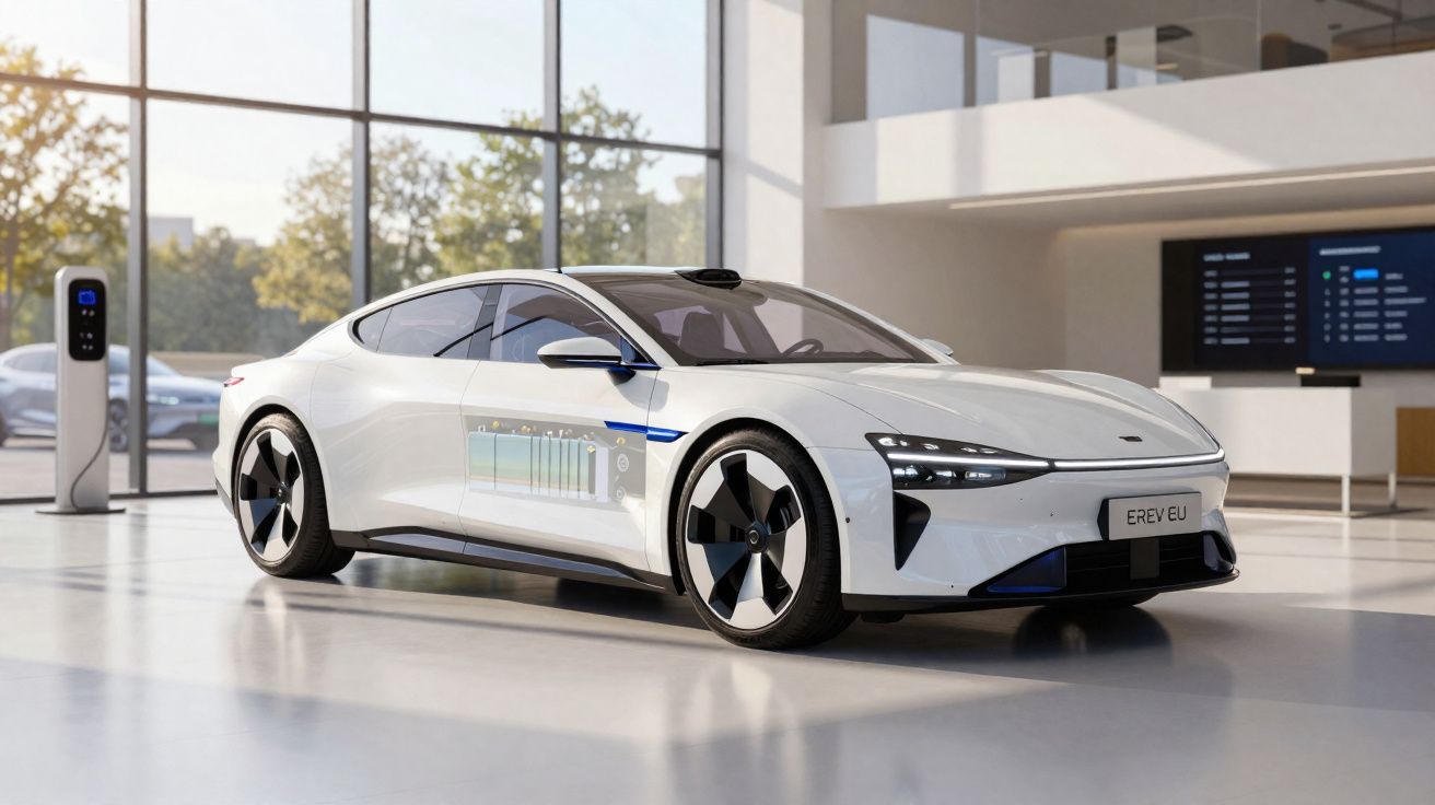 White futuristic electric car with transparent side panel showing batteries, displayed inside a modern showroom.