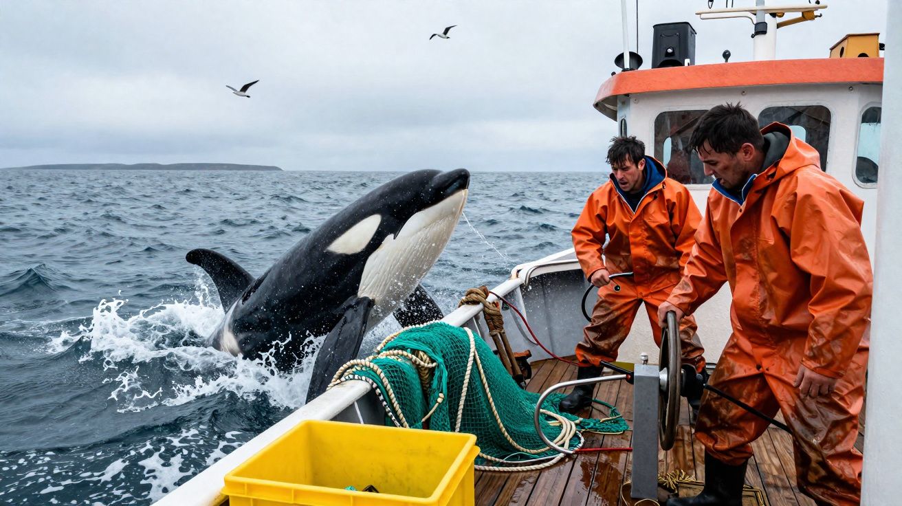 Orca whale breaching near fishing boat with two fishermen in orange rain gear handling equipment.