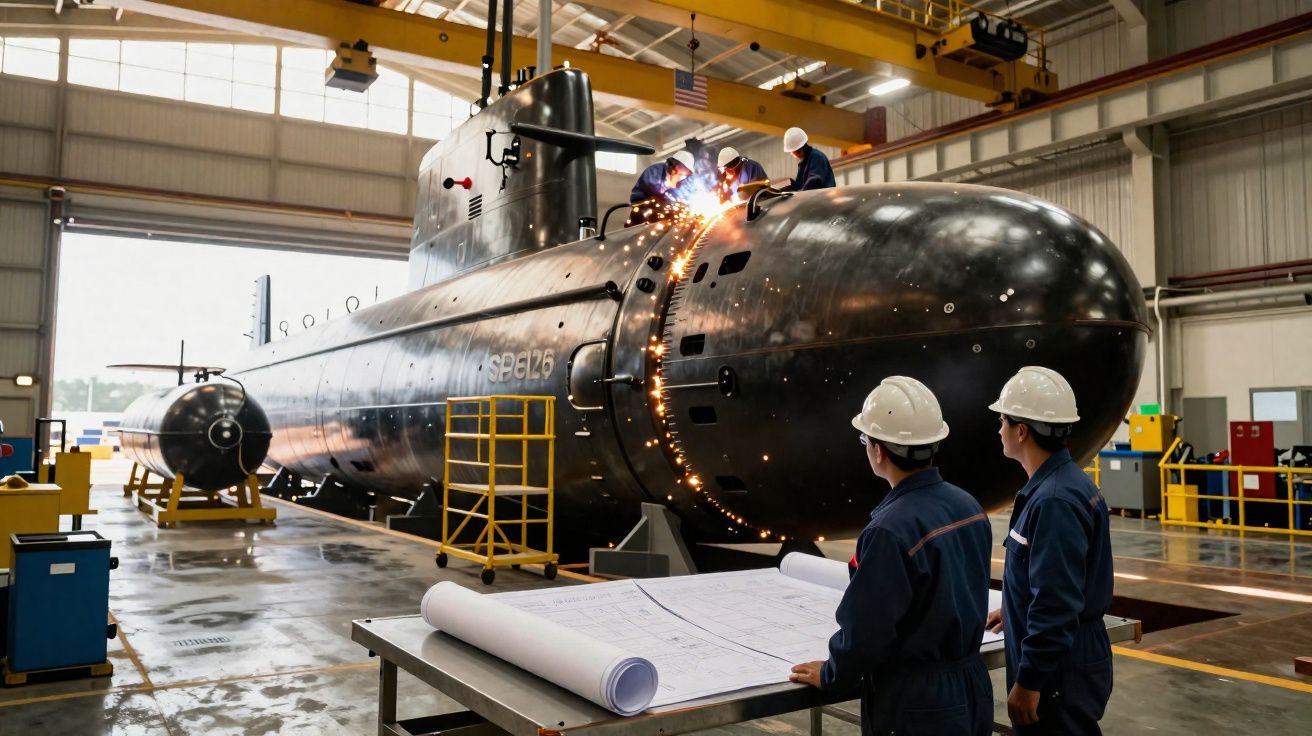 Engineers in hard hats inspect a large submarine under construction in an industrial workshop.